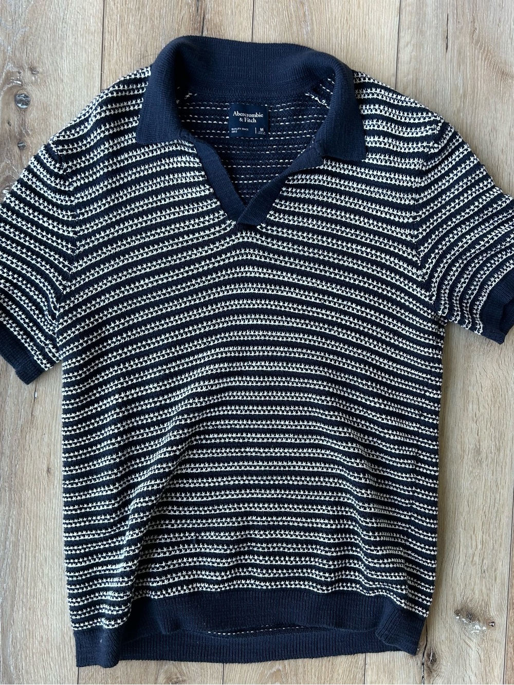 Abercrombie & Fitch Navy and White Striped Knit Polo